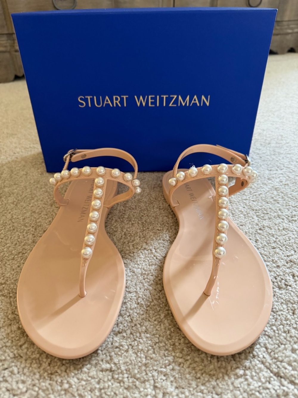 Stuart Weitzman Pink Pearl-Embellished T-Strap Sandals